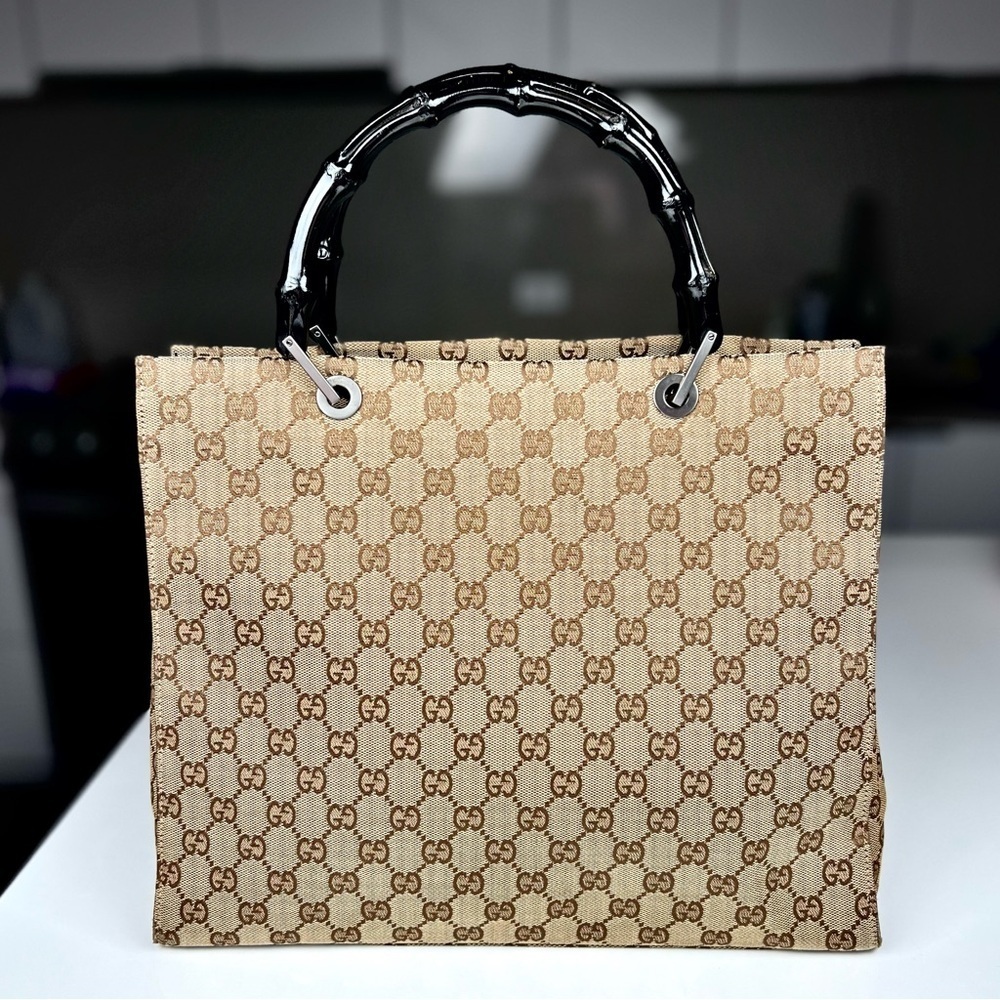 Gucci GG Monogram Canvas Bamboo Hand Bag